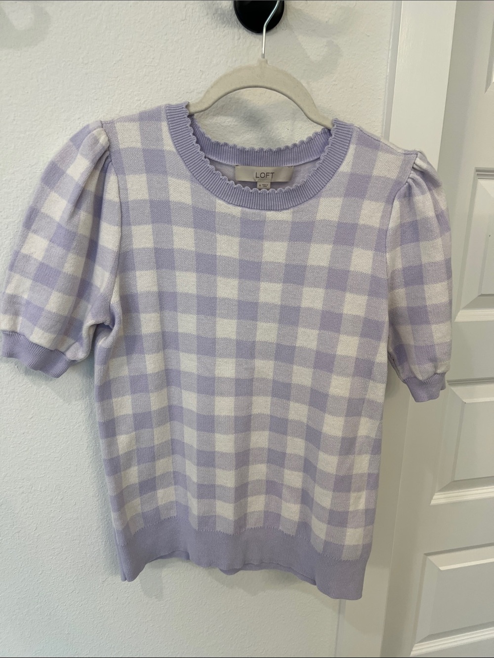 LOFT Lavender and White Gingham Puff Sleeve Top